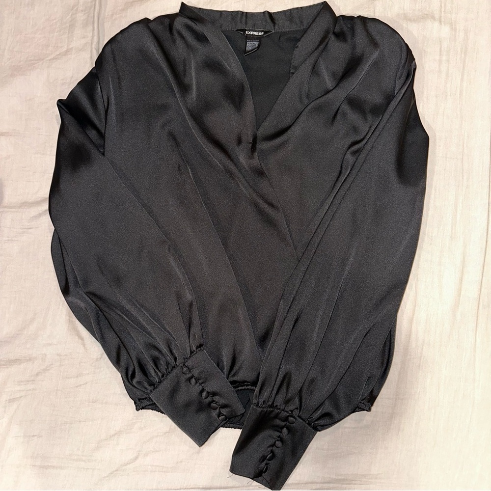 Women’s Express Long Sleeve Faux Wrap Black Blouse Small Professional Office